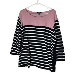 Chaps Womens 3X Top Purple Black White Striped Colorblock 3/4 Sleeve Boat‎ Neck